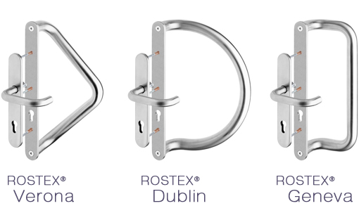 Консервативные модели ручек-скоб ROSTEX ориентированных под замок двери.