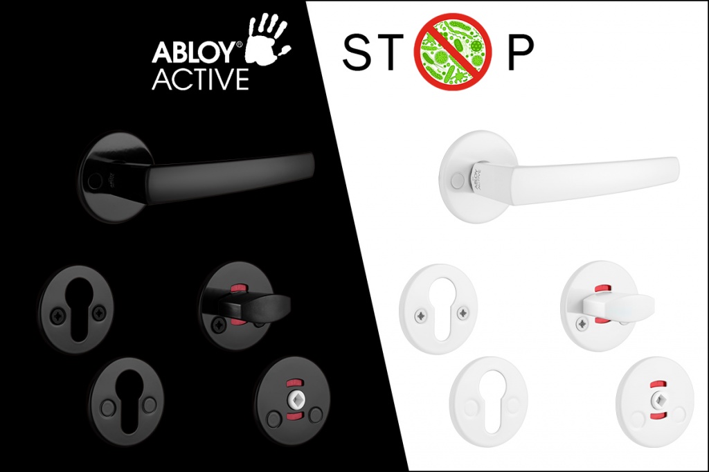 Антибактериальные дверные ручки ABLOY ACTIVE в комплекте со щитками и поворотными кнопками для санузлов