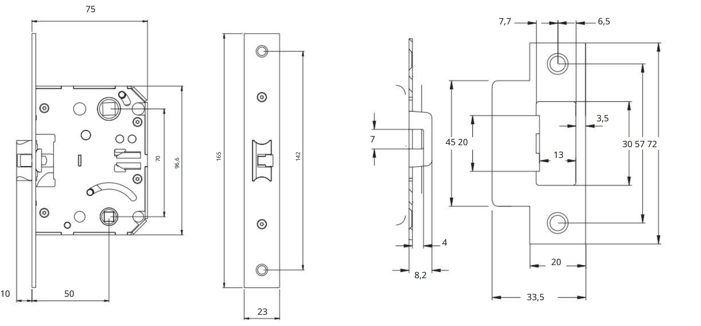 Креслення замка врізного TESA WC_6mm 134UP UNIV BS50мм 70мм SS 23мм SP