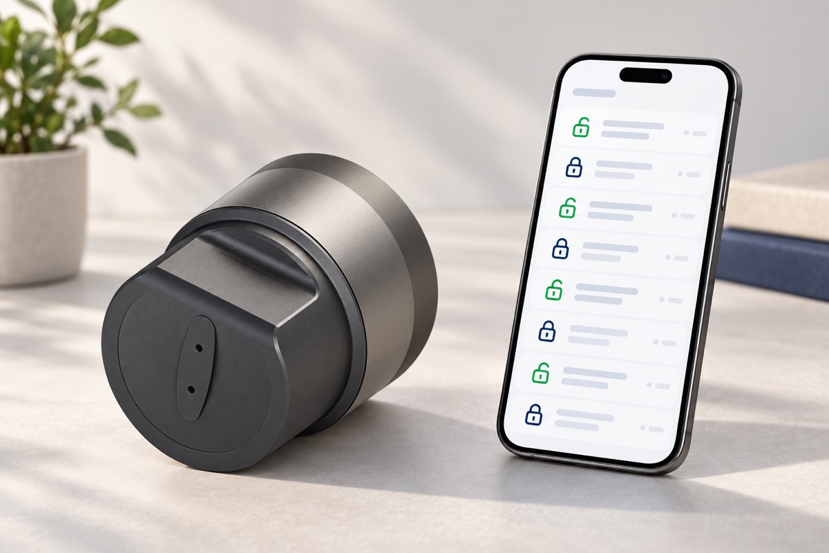 RB LockApp X і смартфон з ілюстрацією журналу замикання та відмикання